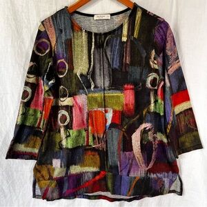 Jess and Jane Barcelona Tunic Top Abstract Print Long Sleeve Blouse Women Small